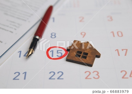 Day of buying or selling a house. Day of payment for rent or loan. Calendar and house. It's time to insure your house. Empty space for text Day of buying or selling a house. Day of payment for rent or loan. Calendar and house. It's time to insure your house. Empty space for text 66883979