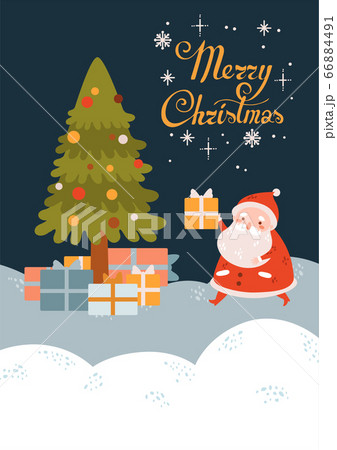 Flat cartoon cute vector Christmas Santa Claus with gifts. Winter landscape 66884491