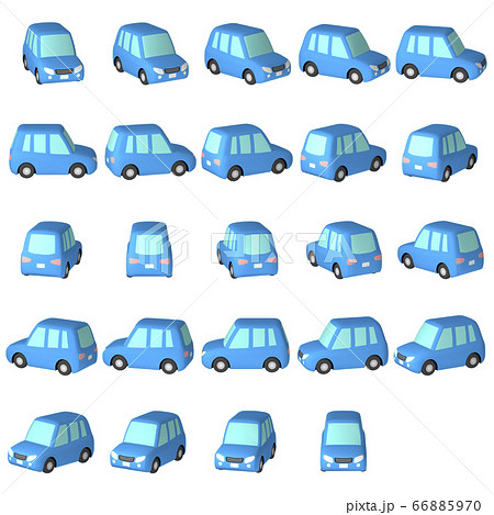 イラスト素材 デフォルメ自動車 青いワゴン車 マルチアングル カット集のイラスト素材