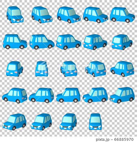 イラスト素材 デフォルメ自動車 青いワゴン車 マルチアングル カット集のイラスト素材
