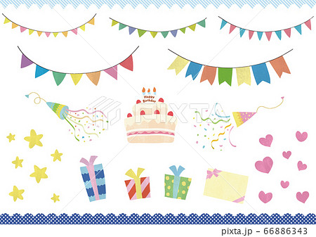 手描きガーランドとプレゼントと誕生日ケーキのセット 線なしのイラスト素材