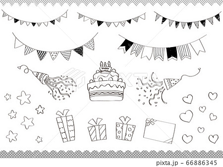 手描きガーランドとプレゼントと誕生日ケーキのセット 線画のイラスト素材