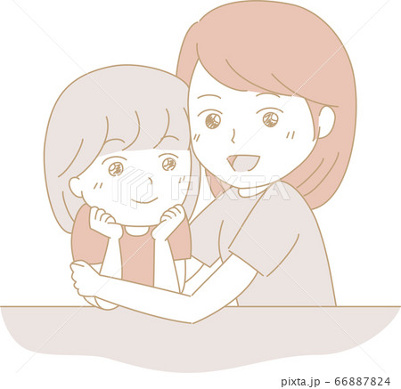 机に頬杖をつく女の子とお母さんのイラスト素材 6674