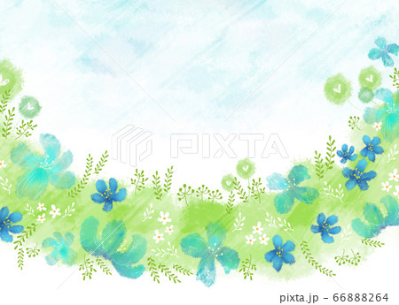 爽やかな夏空と草原に咲いている花や植物のイラスト素材 6664