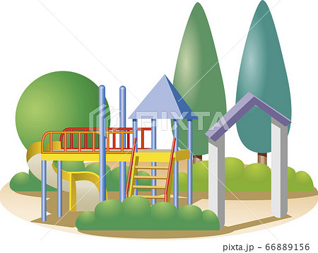 球形と円錐形の樹木と灌木に囲まれた滑り台のある公園 66889156