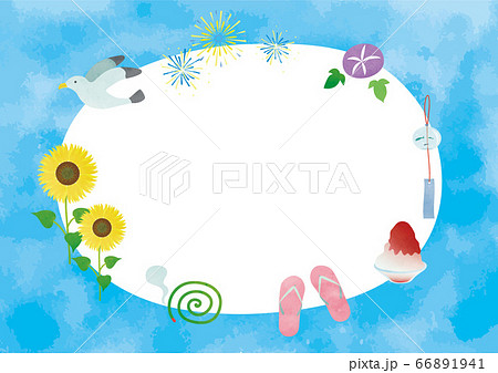 夏の風物詩のフレーム 水彩風タッチ 楕円のイラスト素材