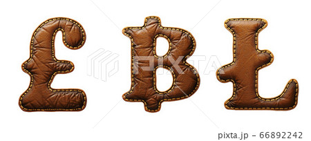 Set of symbols lira, baht, litecoin made of leather. 3D render font with skin texture isolated on white background. Set of symbols lira, baht, litecoin made of leather. 3D render font with skin texture isolated on white background. 66892242