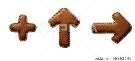 Set of symbols plus,up arrow and right arrow made of leather. 3D render font with skin texture isolated on white background. 66892245
