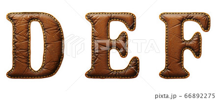 Set of leather letters D, E, F uppercase. 3D render font with skin texture isolated on white background. Set of leather letters D, E, F uppercase. 3D render font with skin texture isolated on white background. 66892275