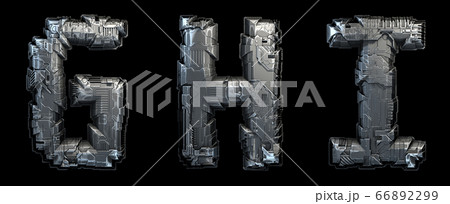 Set of capital letters G, H, I made of metal isolated on black background. 3d 66892299