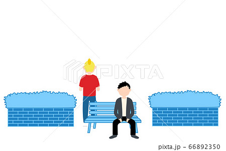 ベンチに座る男性と ベンチの後ろに立つ男性のイラストのイラスト素材