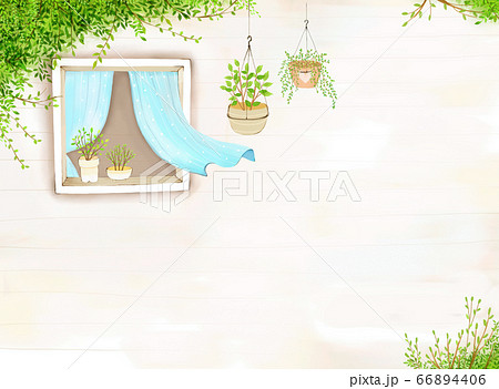 爽やかな白壁と風になびくカーテンと植木鉢が描かれたイラスト のイラスト素材 66894406 Pixta