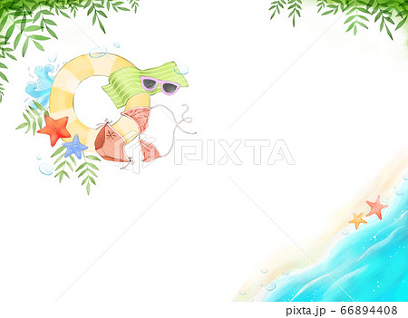 爽やかな夏のビーチにウキワとサングラス ヒトデなどが描かれたイラストのイラスト素材