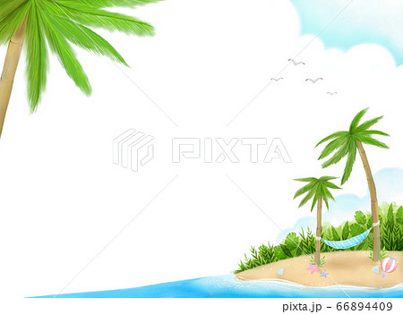 爽やかな夏の空と海 ヤシの木とハンモックが描かれたパステルカラーのイラストのイラスト素材