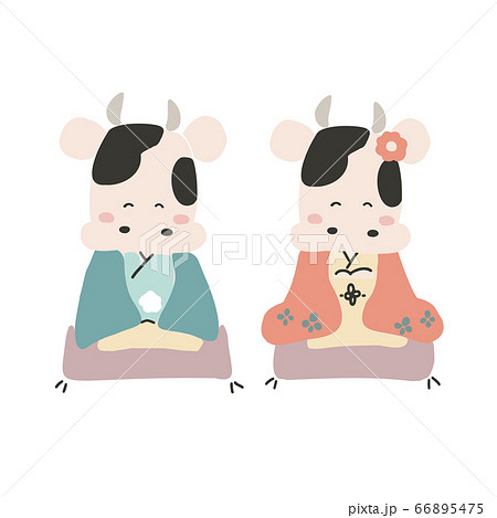 着物を着たかわいい牛の夫婦のイラスト素材
