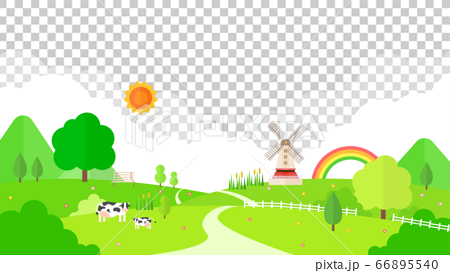 草原と風車と虹の景色のイラスト素材