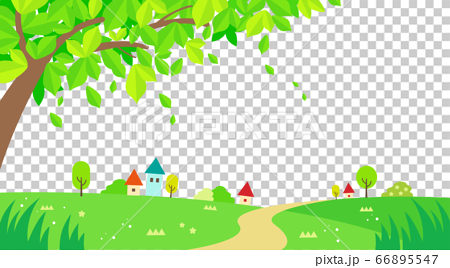草原と青空と家屋との景色のイラスト素材