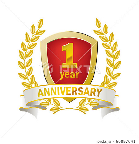 月桂樹 月桂冠をモチーフにした3d立体のアニバーサリーのエンブレムロゴ赤 1周年のイラスト素材