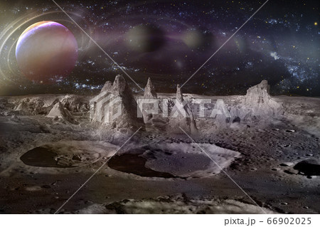 Alien planet landscape with craters, mountains and moons. 66902025