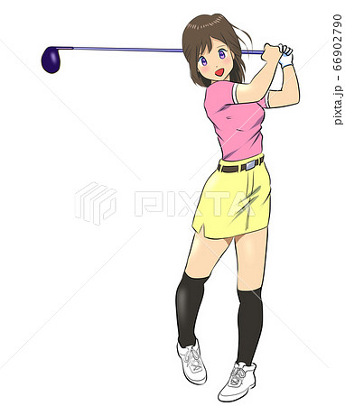 ティーショットを打つ女性ゴルファーのイラスト素材