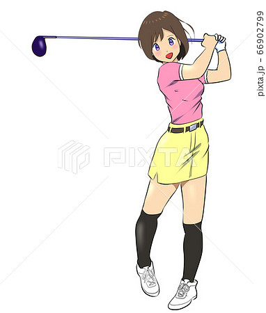 ティーショットを打つ女性ゴルファーのイラスト素材