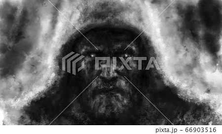 The frightening face of a man in hood. 66903516