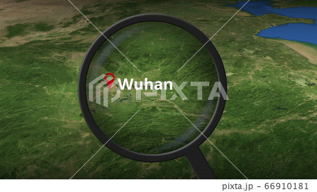 Loupe finds Wuhan city on the map, 3d rendering Loupe finds Wuhan city on the map, 3d rendering 66910181