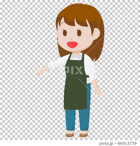 エプロンの女性スタッフ 店員さん 案内するジェスチャー カットイラスト 素材のイラスト素材