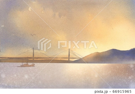 水彩画 夕焼けの海のイラスト素材