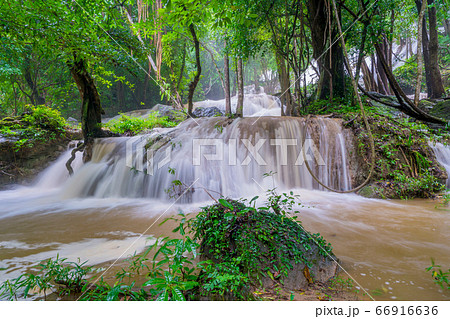 Waterfall scene at Pha Tad Waterfalls in rainforest at the Khuean Srinagarindra National Park Waterfall scene at Pha Tad Waterfalls in rainforest at the Khuean Srinagarindra National Park 66916636