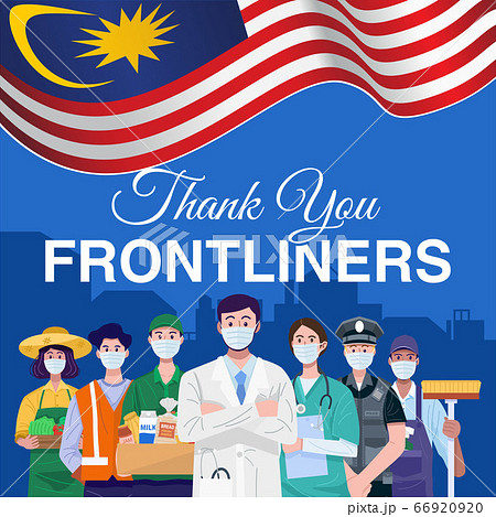 Thank you frontliners. Various occupations people standing with flag of Malaysia. Vector Thank you frontliners. Various occupations people standing with flag of Malaysia. Vector 66920920
