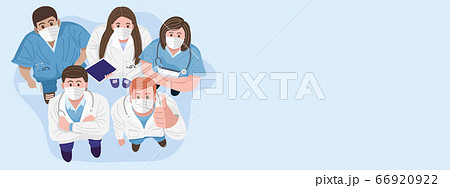 Thank you doctors and nurses concept. Top view of medical teams wearing masks and standing looking up at camera. Vector 66920922