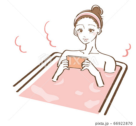 お風呂 入浴 スマホを見る女性 イラストのイラスト素材