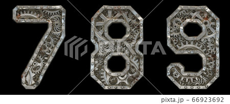 Mechanical alphabet made from rivet metal with gears on black background. Set of numbers 7, 8, 9. 3D 66923692