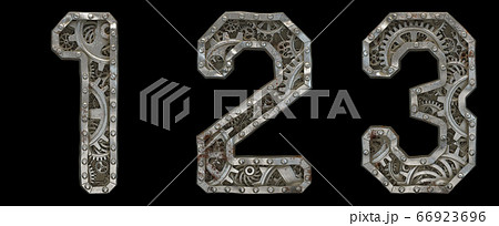 Mechanical alphabet made from rivet metal with gears on black background. Set of numbers 1, 2, 3. 3D Mechanical alphabet made from rivet metal with gears on black background. Set of numbers 1, 2, 3. 3D 66923696