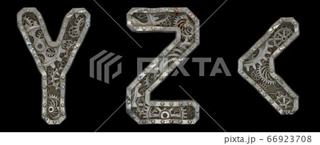 Mechanical alphabet made from rivet metal with gears on black background. Set of letters Y, Z and symbol left angle bracket. 3D 66923708