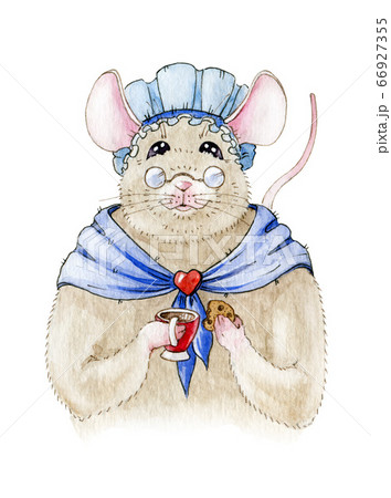 Funny mouse in a blue cap and cup watercolor image 66927355