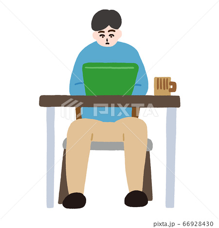 カフェでパソコン作業をする男性 線なしのイラスト素材