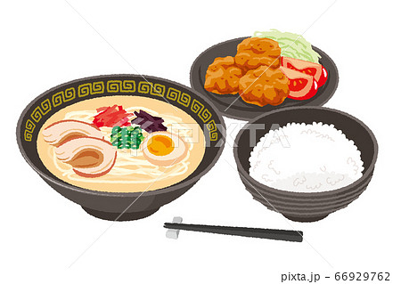 とんこつラーメンと唐揚げのセットのイラスト とんこつラーメンと唐揚げのセットのイラスト 66929762