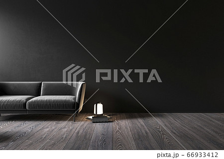 Black interior with sofa and decor. 66933412