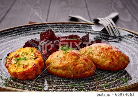 Close up view of fried pork cutlet with roasted Close up view of fried pork cutlet with roasted 66934063