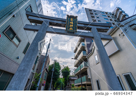 日本の東京都市景観　牛嶋神社の鳥居（奥に神社）などを望む 66934347