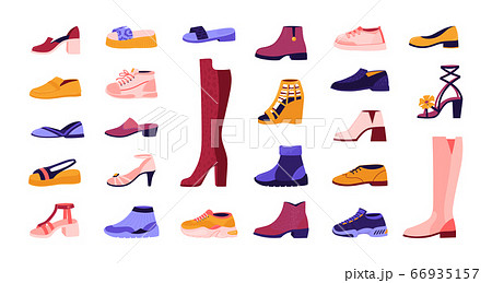Cartoon footwear. Elegant and casual shoes, seasonal summer sandals and autumn boots, running sneakers. Vector fashionable male and female shoes 66935157