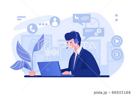 Call center operator. Cartoon character with headset at the desk working in office, customer support and info center concept. Vector call center Call center operator. Cartoon character with headset at the desk working in office, customer support and info center concept. Vector call center 66935168