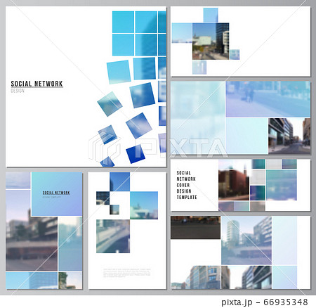 Vector layouts of modern social network mockups for cover design, website design, website backgrounds or advertising mockups. Abstract design project in geometric style with blue squares. Vector layouts of modern social network mockups for cover design, website design, website backgrounds or advertising mockups. Abstract design project in geometric style with blue squares. 66935348