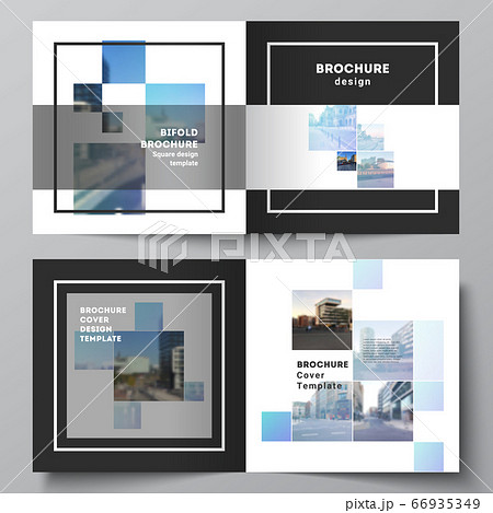 Vector layout of two covers templates for square bifold brochure, flyer, magazine, cover design, book design, brochure cover. Abstract design project in geometric style with blue squares. 66935349