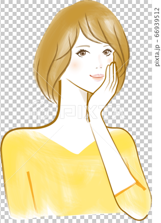 A woman smiling with a hand on her cheek A woman smiling with a hand on her cheek 66939512