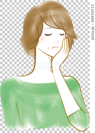 Middle-aged woman with troubled face with hands on cheeks Middle-aged woman with troubled face with hands on cheeks 66939513