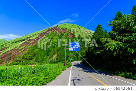 阿蘇山への道 新緑と初夏の季節 最高に美しい晴天の絶景風景 阿蘇山への道 新緑と初夏の季節 最高に美しい晴天の絶景風景 66942661
