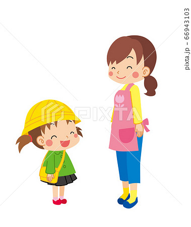 微笑み合う幼稚園児の女の子と幼稚園の先生のイラスト素材